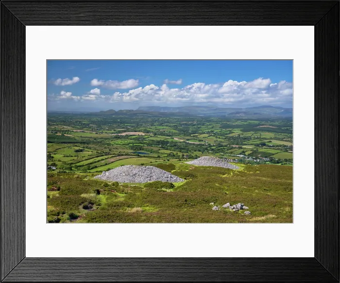 Framed Print : Ireland, County Sligo, Castlebaldwin, Carrowkeel Megalithic Cemetery, View from the summit over two of the cairns Framed Print : Ireland, County Sligo, Castlebaldwin, Carrowkeel Megalithic Cemetery, View from the summit over two of the cairns