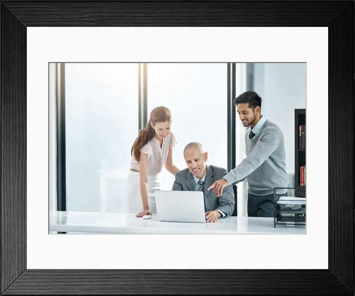 Framed Print : Laptop, feedback and teamwork in office