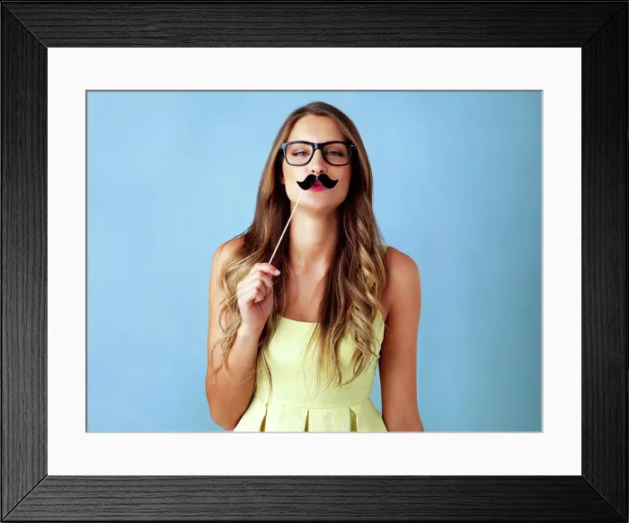 Framed Print : Girl, moustache and happy with prop in studio for pout