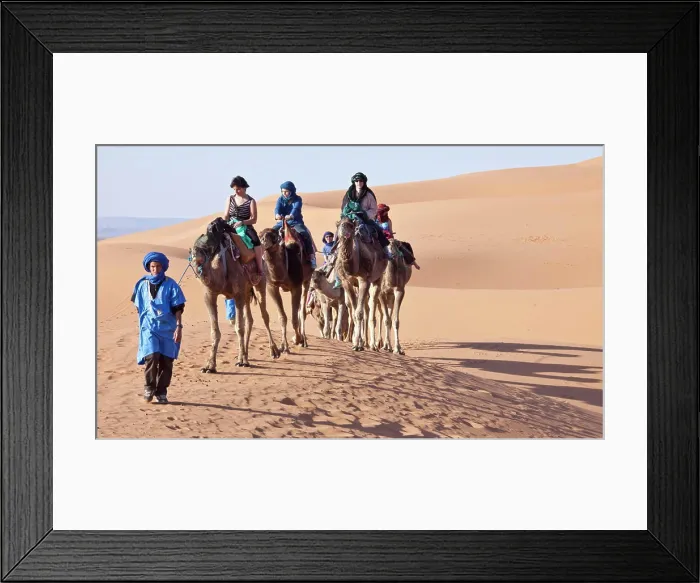 Framed Print : Tourists on camel tour, Sahara desert, Morocco Framed Print : Tourists on camel tour, Sahara desert, Morocco