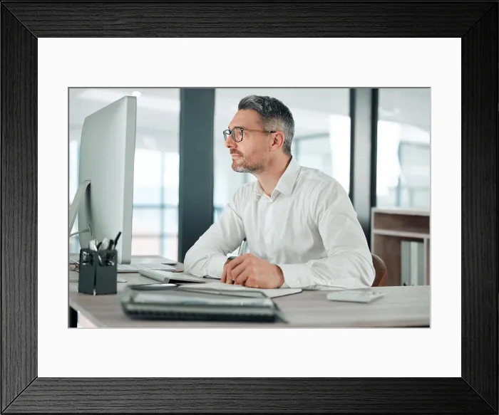 Framed Print : Businessman, computer and thinking on email