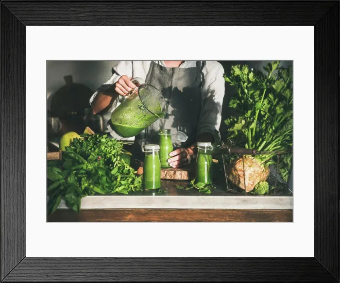 Framed Print : Making green detox take-away smoothie Framed Print : Making green detox take-away smoothie