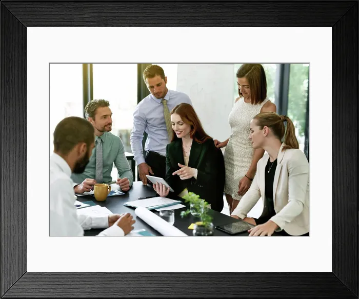 Framed Print : Business people, team and discussion on tablet for planning