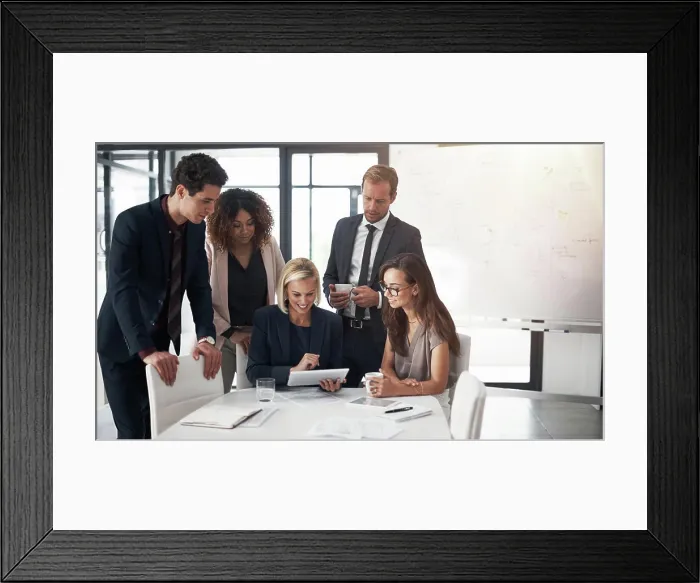 Framed Print : Happy business people, meeting with collaboration and tablet