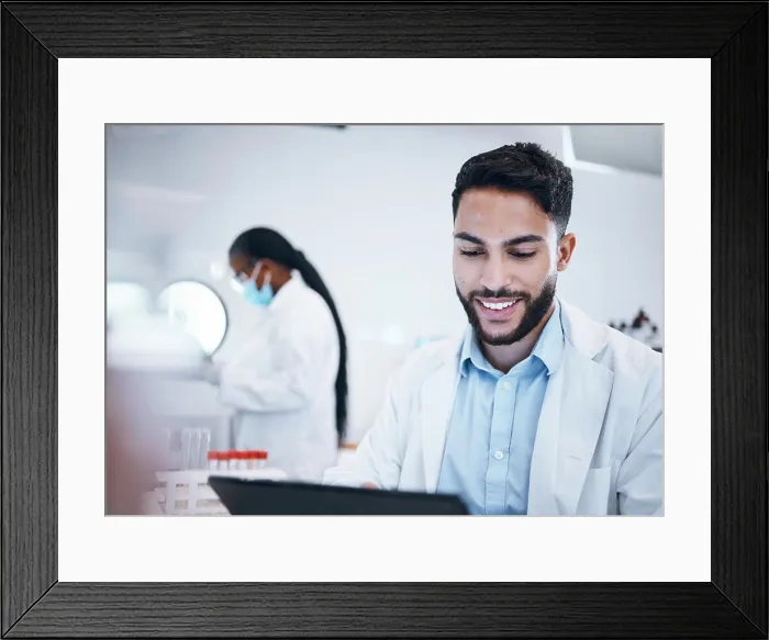 Framed Print : Science, research and tablet with man in laboratory for medicine Framed Print : Science, research and tablet with man in laboratory for medicine