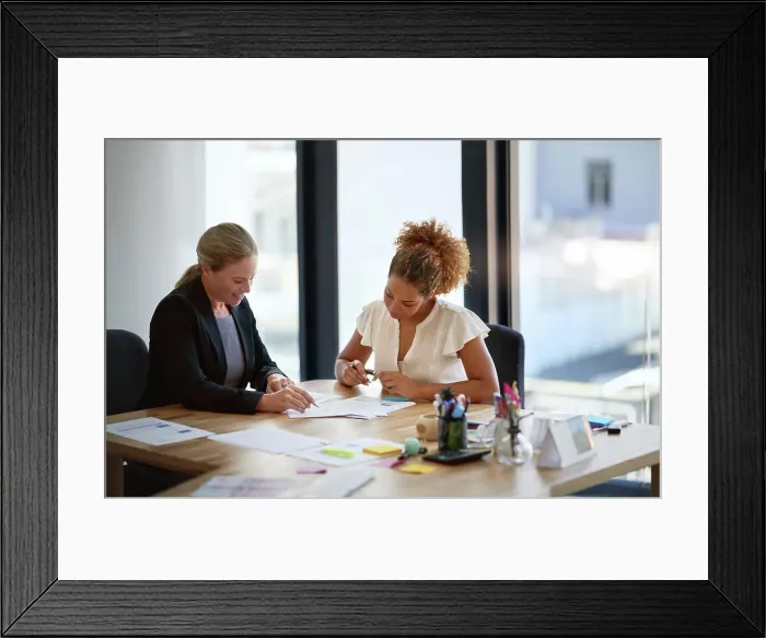 Framed Print : Documents, discussion and business women in office for meeting Framed Print : Documents, discussion and business women in office for meeting