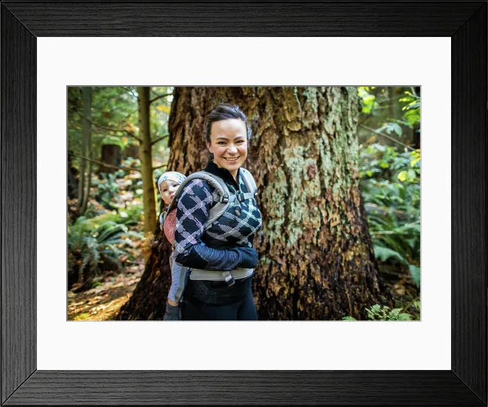 Framed Print : Healthy and fit mother wearing baby carrier, hiking Framed Print : Healthy and fit mother wearing baby carrier, hiking