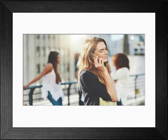 Framed Print : City, woman and smile with phone call for listening Framed Print : City, woman and smile with phone call for listening