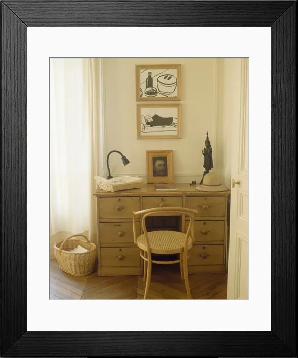 Framed Print : Close-up of Bentwood chair and small pine desk Framed Print : Close-up of Bentwood chair and small pine desk