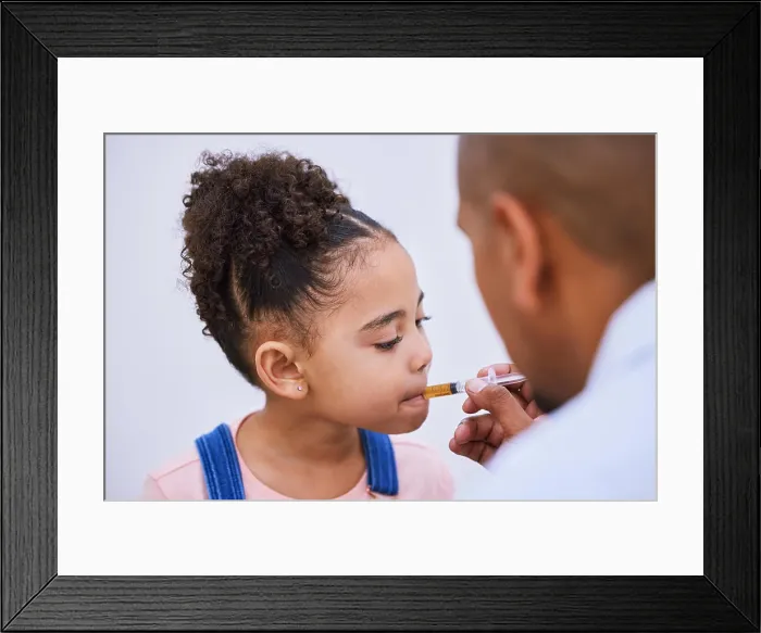 Framed Print : Sick, syringe and consulting with child and medicine for pharmacy