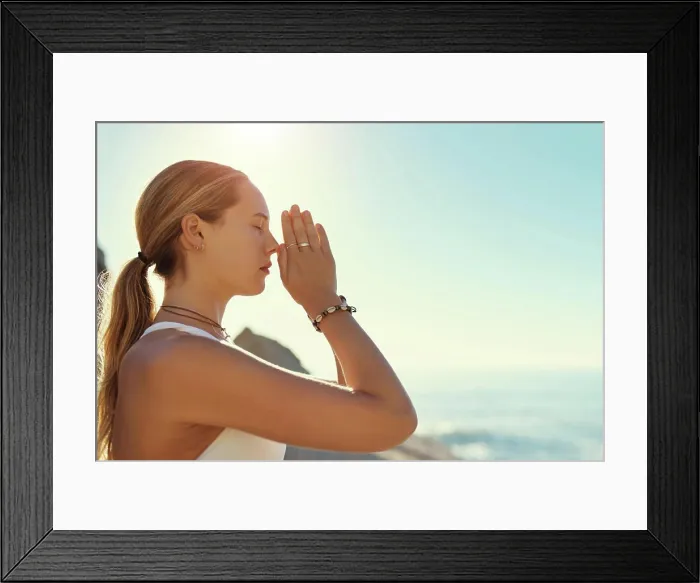 Framed Print : Yoga, prayer hands and woman by sea for wellness