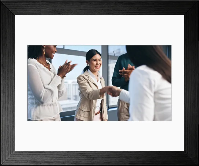 Framed Print : Business people, team and handshake with applause for partnership Framed Print : Business people, team and handshake with applause for partnership