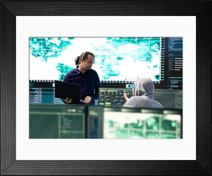 Framed Print : Cyber intelligence team using advanced technology to secure computer networks Framed Print : Cyber intelligence team using advanced technology to secure computer networks