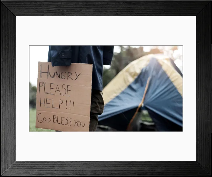 Framed Print : Person, homeless and hungry with cardboard for begging by tent Framed Print : Person, homeless and hungry with cardboard for begging by tent