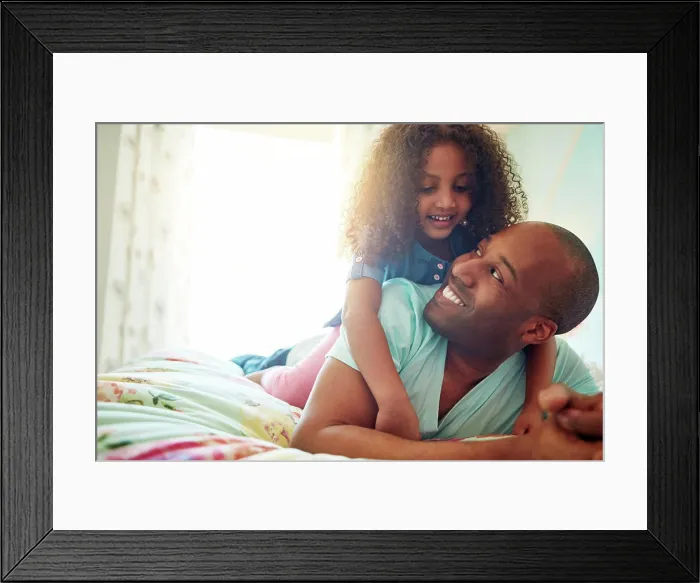 Framed Print : Black father, girl and piggyback for love relationship with trust and care for fun in bedroom Framed Print : Black father, girl and piggyback for love relationship with trust and care for fun in bedroom