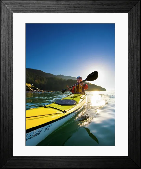 Framed Print : USA, Washington State, Puget Sound, Larabee State Park. Male sea kayaker paddling, backlit, Larabee state Park. (MR) Framed Print : USA, Washington State, Puget Sound, Larabee State Park. Male sea kayaker paddling, backlit, Larabee state Park. (MR)