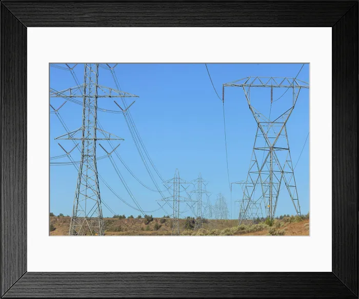 Framed Print : Power Lines on pylons near town of Maupin, Deschutes River, Central Oregon, USA