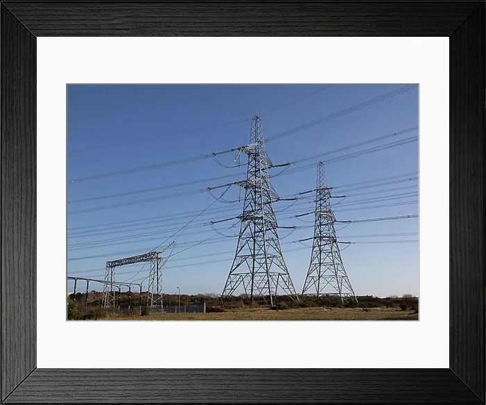 Framed Print : Inner Gabbard Offshore wind farm electricity substation connection to National Grid power lines