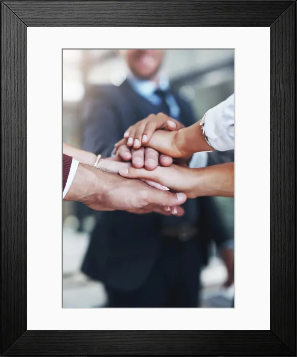 Framed Print : Business people, closeup or hands in stack for planning
