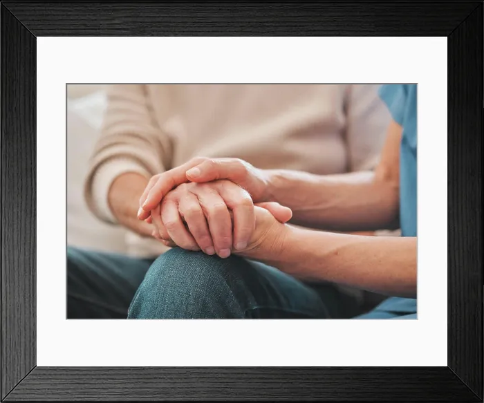 Framed Print : Holding hands, support and nurse with patient for medical diagnosis at consultation with comfort Framed Print : Holding hands, support and nurse with patient for medical diagnosis at consultation with comfort