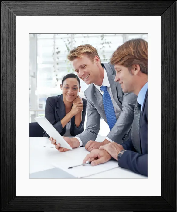 Framed Print : Business people, tablet and discussion for research in office Framed Print : Business people, tablet and discussion for research in office