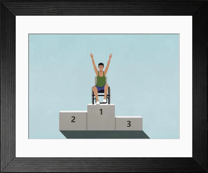 Framed Print : Portrait confident paraplegic athlete in wheelchair on 1st Place podium