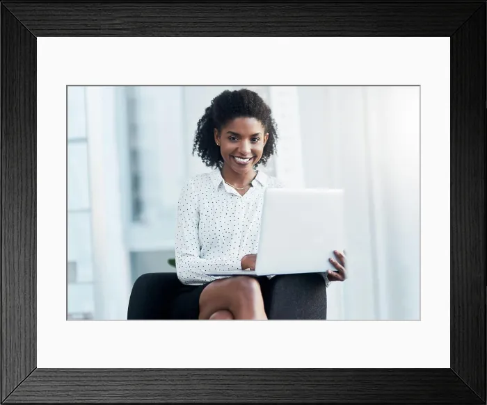 Framed Print : Black woman, portrait and laptop with smile in office for reading emails Framed Print : Black woman, portrait and laptop with smile in office for reading emails