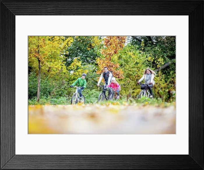 Framed Print : MODEL RELEASED. Family cycling together in autumn Framed Print : MODEL RELEASED. Family cycling together in autumn