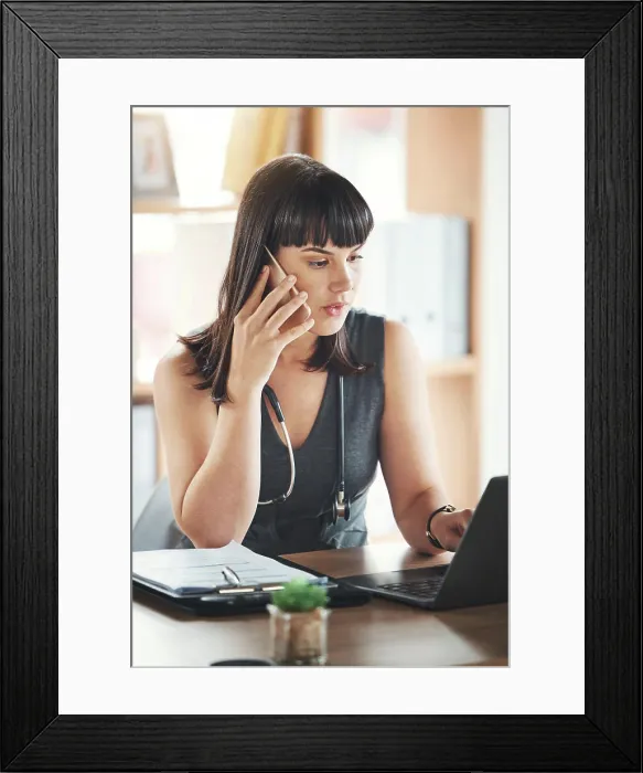 Framed Print : Phone call, woman and doctor on laptop