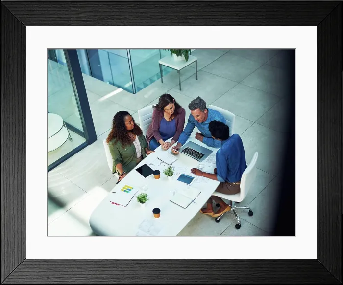 Framed Print : Infographic, laptop and meeting with business people in office together for collaboration Framed Print : Infographic, laptop and meeting with business people in office together for collaboration