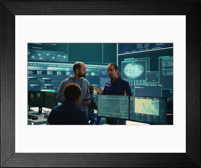 Framed Print : Governmental cyber defense team using advanced technology to secure information Framed Print : Governmental cyber defense team using advanced technology to secure information