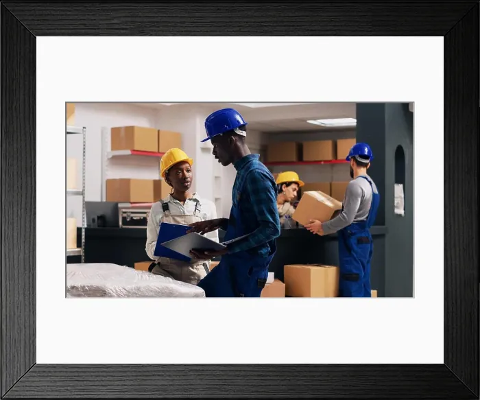 Framed Print : African american people doing quality control in warehouse