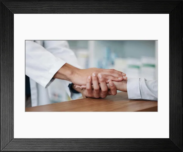 Framed Print : Empathy, support and pharmacy with hand holding with people for consulting