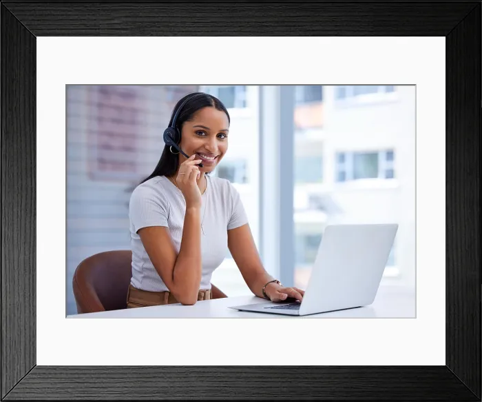 Framed Print : Woman, call centre and laptop in office with headphone or microphone to communicate for clients in portrait Framed Print : Woman, call centre and laptop in office with headphone or microphone to communicate for clients in portrait