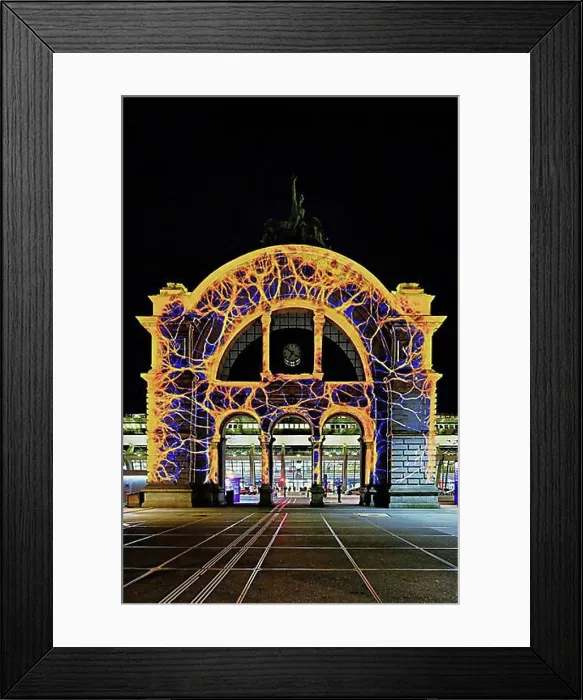 Framed Print : Archway on the station square, light installation at dusk