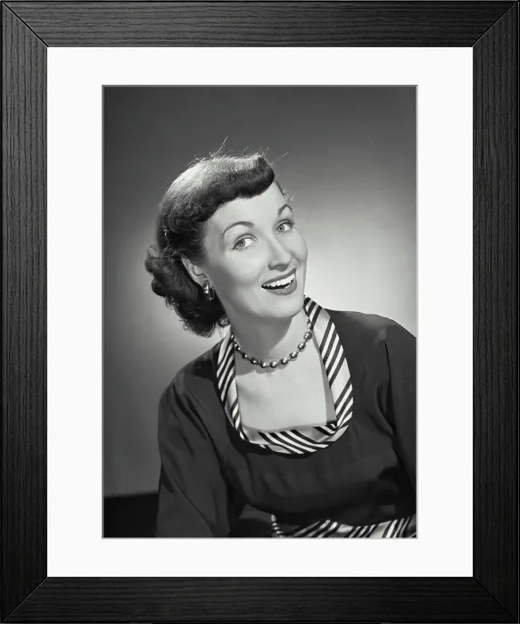 Framed Print : Vintage photograph. Brunette woman wearing blouse with striped neck border pattern Framed Print : Vintage photograph. Brunette woman wearing blouse with striped neck border pattern