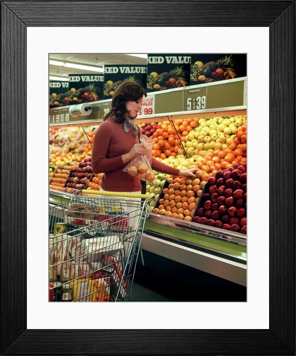 Framed Print : 1970s WOMAN GROCERY STORE SHOPPING CART SELECTING ORANGES IN PRODUCE DEPARTMENT OF FOOD SUPERMARKET Framed Print : 1970s WOMAN GROCERY STORE SHOPPING CART SELECTING ORANGES IN PRODUCE DEPARTMENT OF FOOD SUPERMARKET