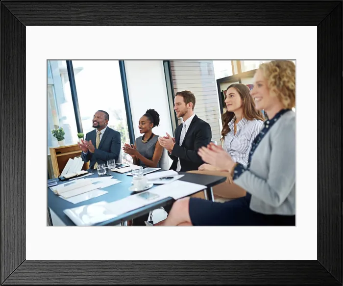 Framed Print : Clapping hands, conference and business people in office for corporate finance seminar or workshop Framed Print : Clapping hands, conference and business people in office for corporate finance seminar or workshop