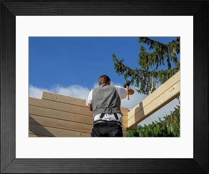 Framed Print : Timber construction: Carpenters assembling a garden sauna in Mutterstadt in the Rhein-Pfalz district Framed Print : Timber construction: Carpenters assembling a garden sauna in Mutterstadt in the Rhein-Pfalz district