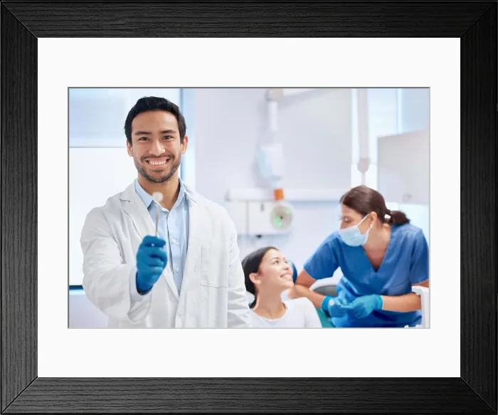 Framed Print : Man, dentist and toothbrush for hygiene at clinic with patient consultation Framed Print : Man, dentist and toothbrush for hygiene at clinic with patient consultation