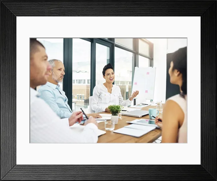 Framed Print : Meeting, collaboration and business people in office with documents for corporate stock market research Framed Print : Meeting, collaboration and business people in office with documents for corporate stock market research