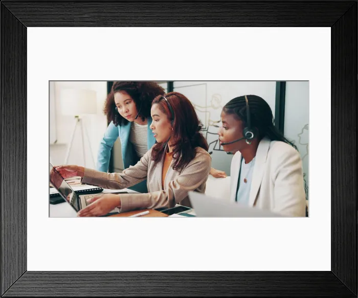 Framed Print : Call center, mentor advice and women with laptop