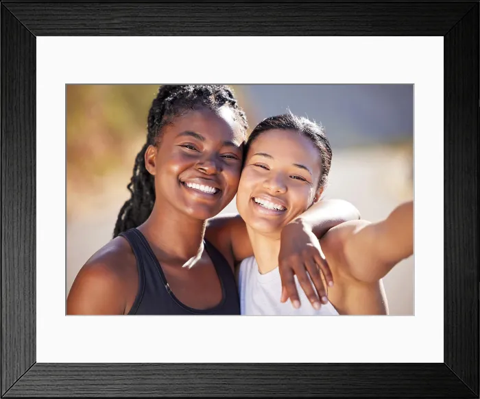 Framed Print : Happy woman, portrait and friends with hug for selfie in outdoor workout