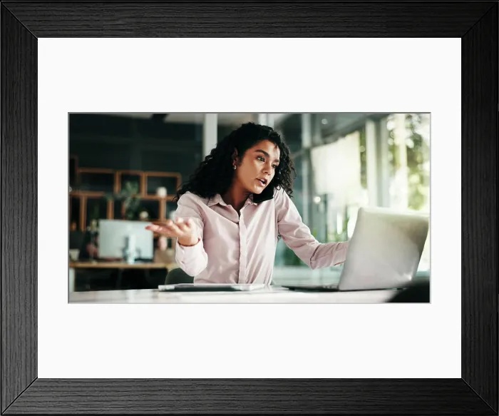 Framed Print : Phone call, laptop and negotiation with business woman in office for networking Framed Print : Phone call, laptop and negotiation with business woman in office for networking