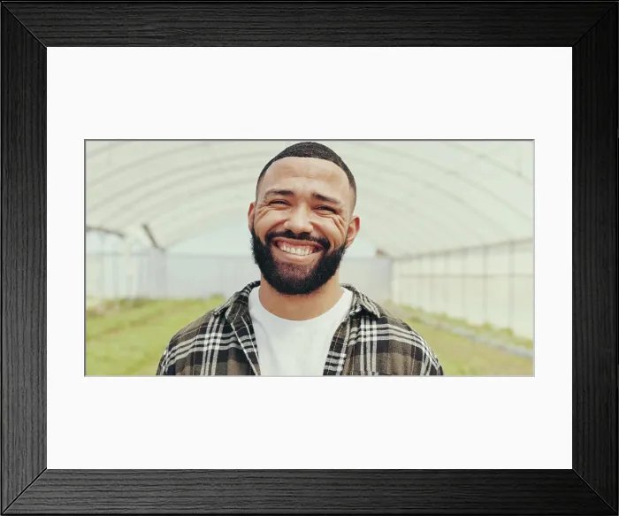 Framed Print : Happy, agribusiness and portrait of man in greenhouse for sustainable