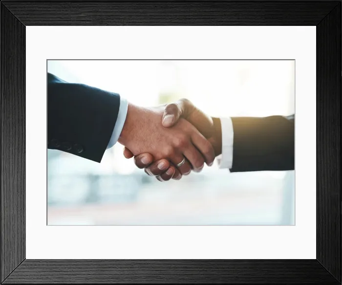 Framed Print : Business people, deal and handshake with teamwork in office for collaboration Framed Print : Business people, deal and handshake with teamwork in office for collaboration