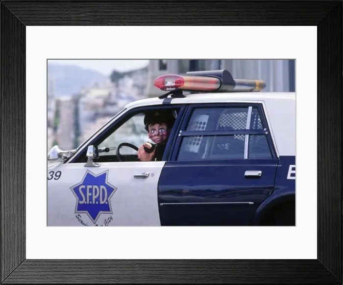Framed Print : HOWDY DOODY driving San Francisco Police Department PATROL CAR - SAN FRANCISCO, CA LIFORNIA, USA