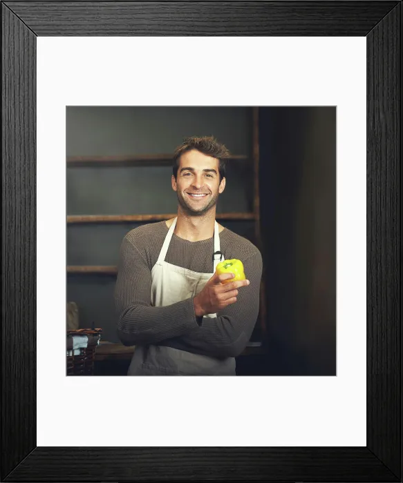 Framed Print : Chef, bell pepper and portrait of man in kitchen with vegetables for vegetarian Framed Print : Chef, bell pepper and portrait of man in kitchen with vegetables for vegetarian
