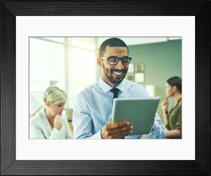 Framed Print : Man, tablet and happy with reading in office