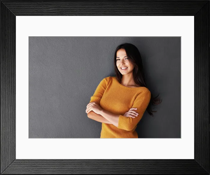 Framed Print : Portrait, mockup and Mexican woman in fashion with smile Framed Print : Portrait, mockup and Mexican woman in fashion with smile